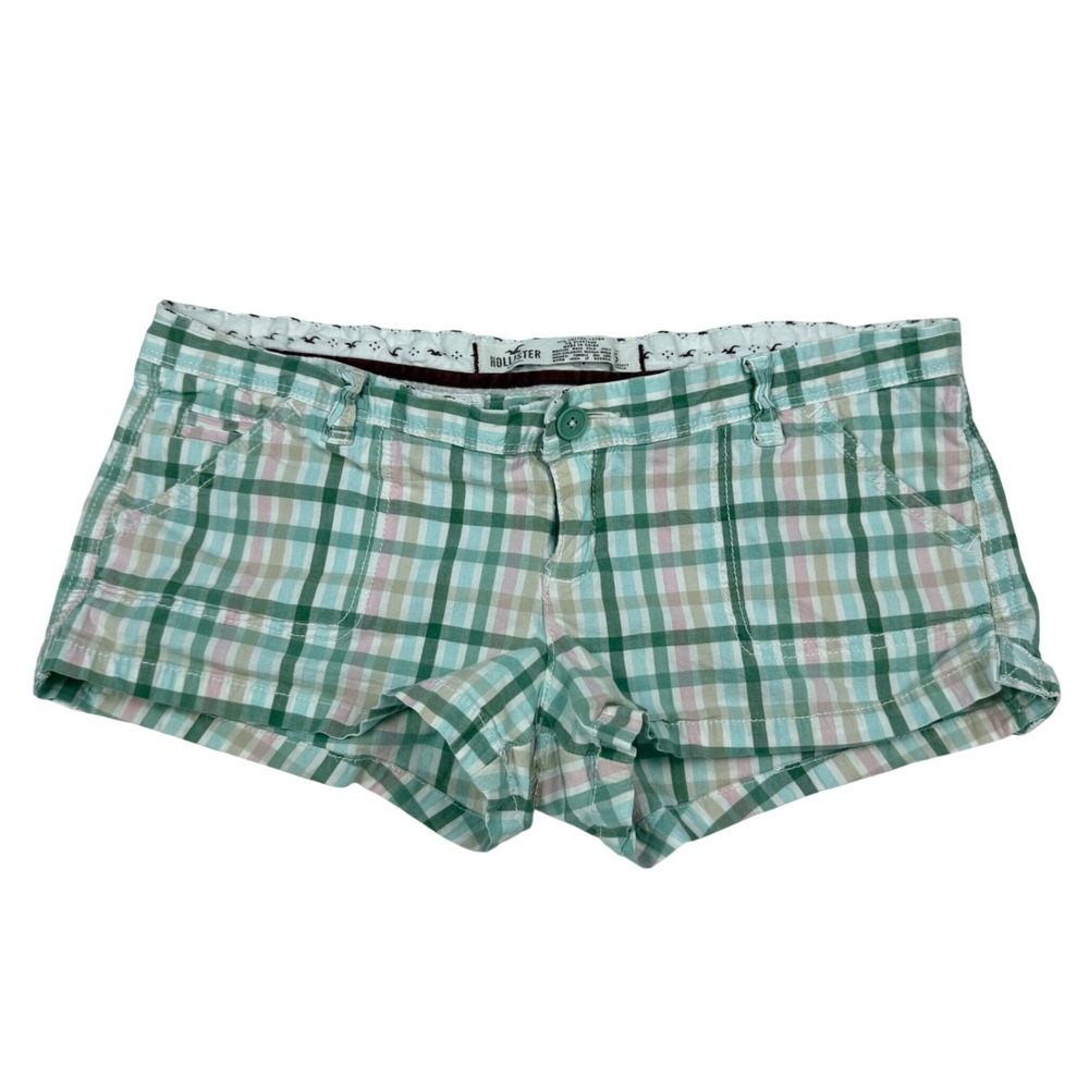 VTG Y2K Hollister Plaid Ultra Low Rise Mini Micro Shorts Green Pink Size 5 Logo